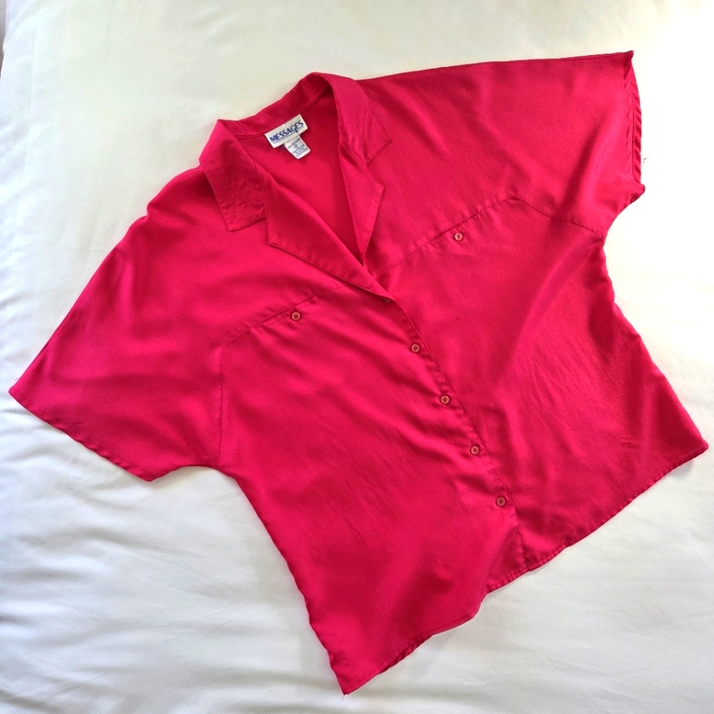 Vtg 80s 90s Messages 16 Dolman Sleeve Pink Button Down‎ Blouse Neon Retro Career